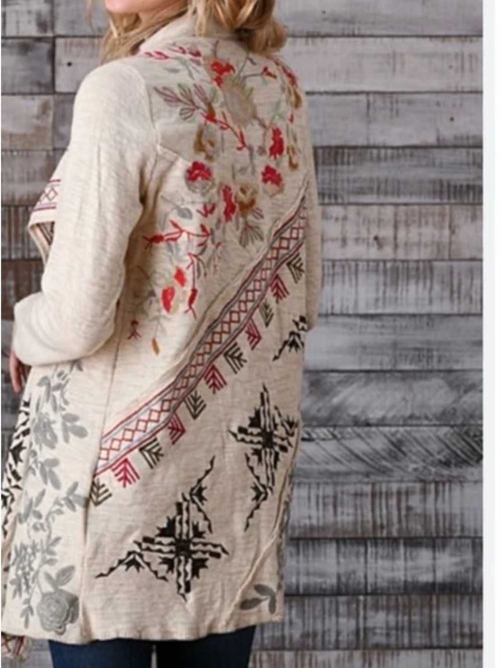 paparazzi Cream Cardigan with Floral & Aztec Embroidery